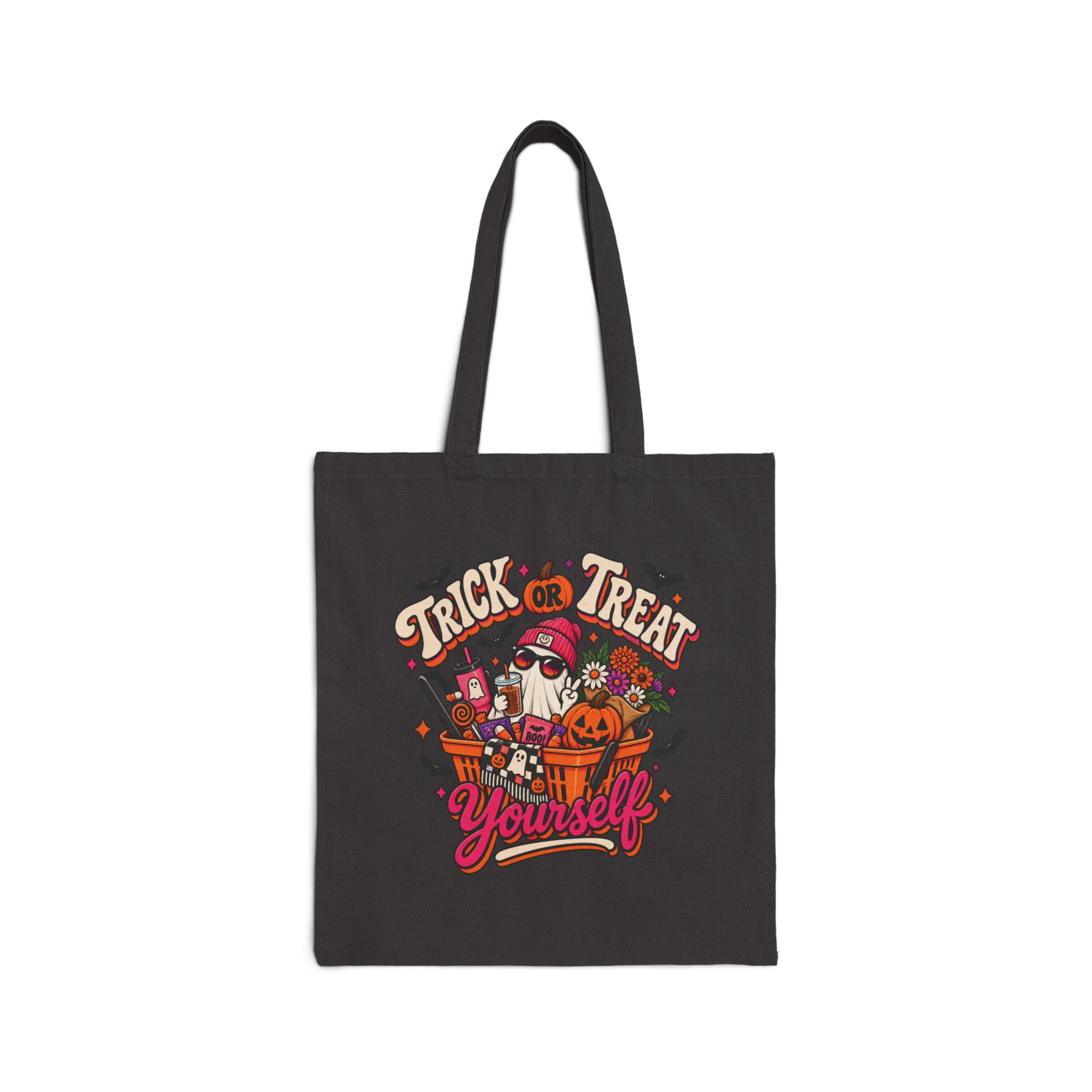 Tote Bag — "Trick or Treat Yourself" Halloween Cotton Canvas Tote in Black