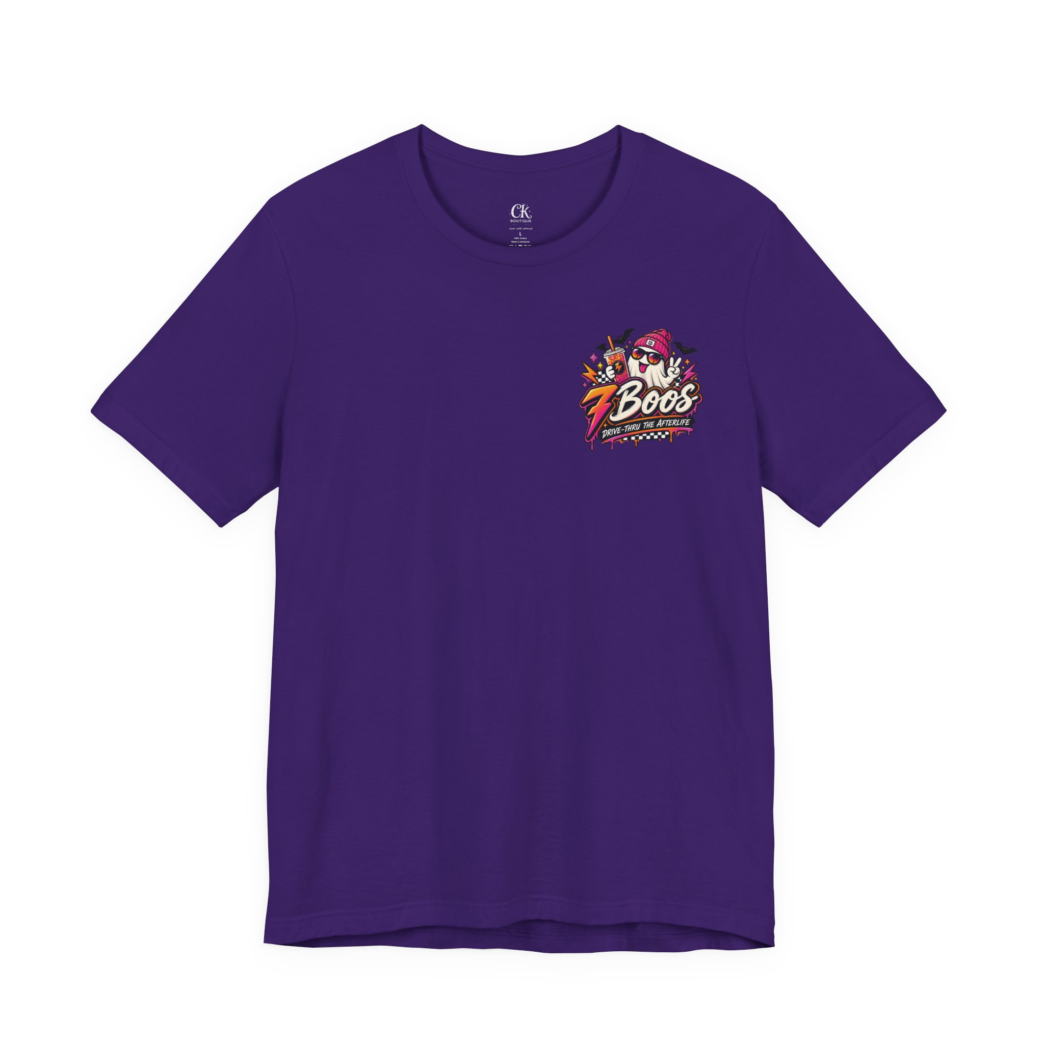 7 Boos Halloween Ghost Drink Tee — Spooky Pumpkin Spice Beverage T-Shirt in Team Purple