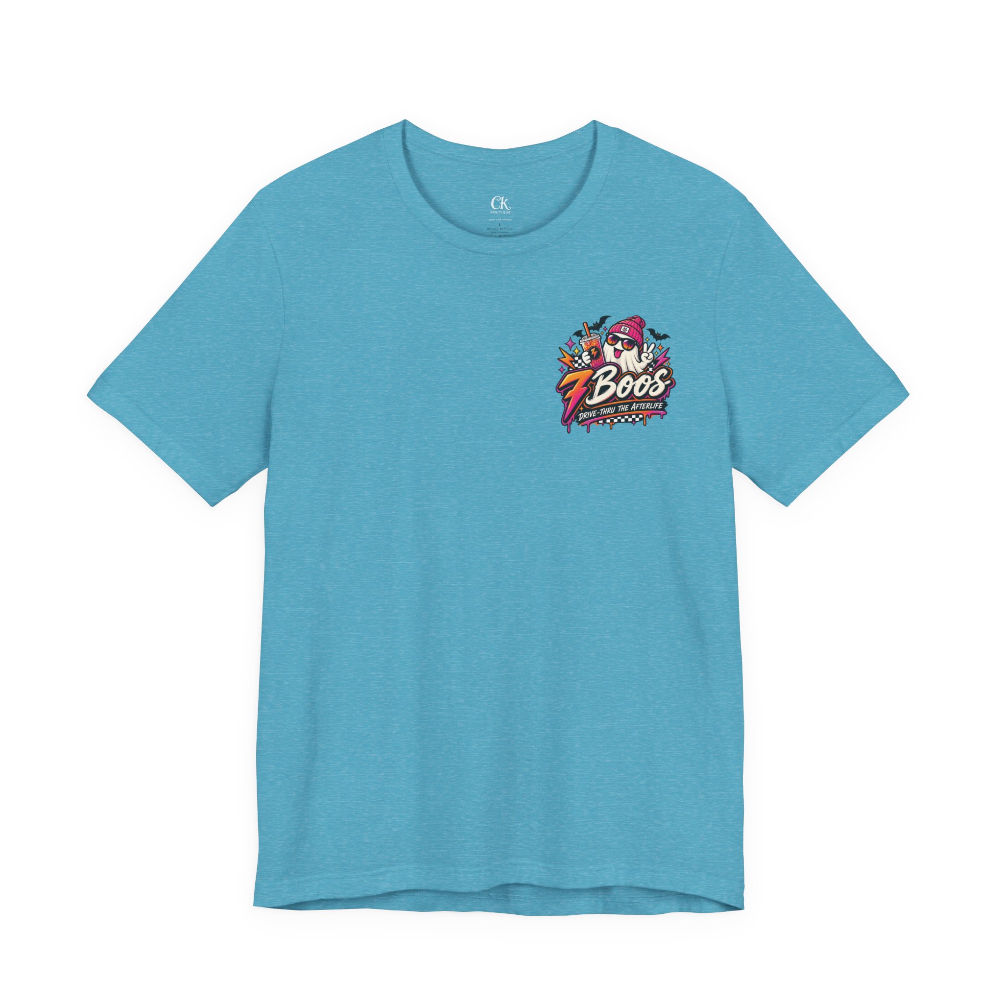 7 Boos Halloween Ghost Drink Tee — Spooky Pumpkin Spice Beverage T-Shirt in Heather Aqua