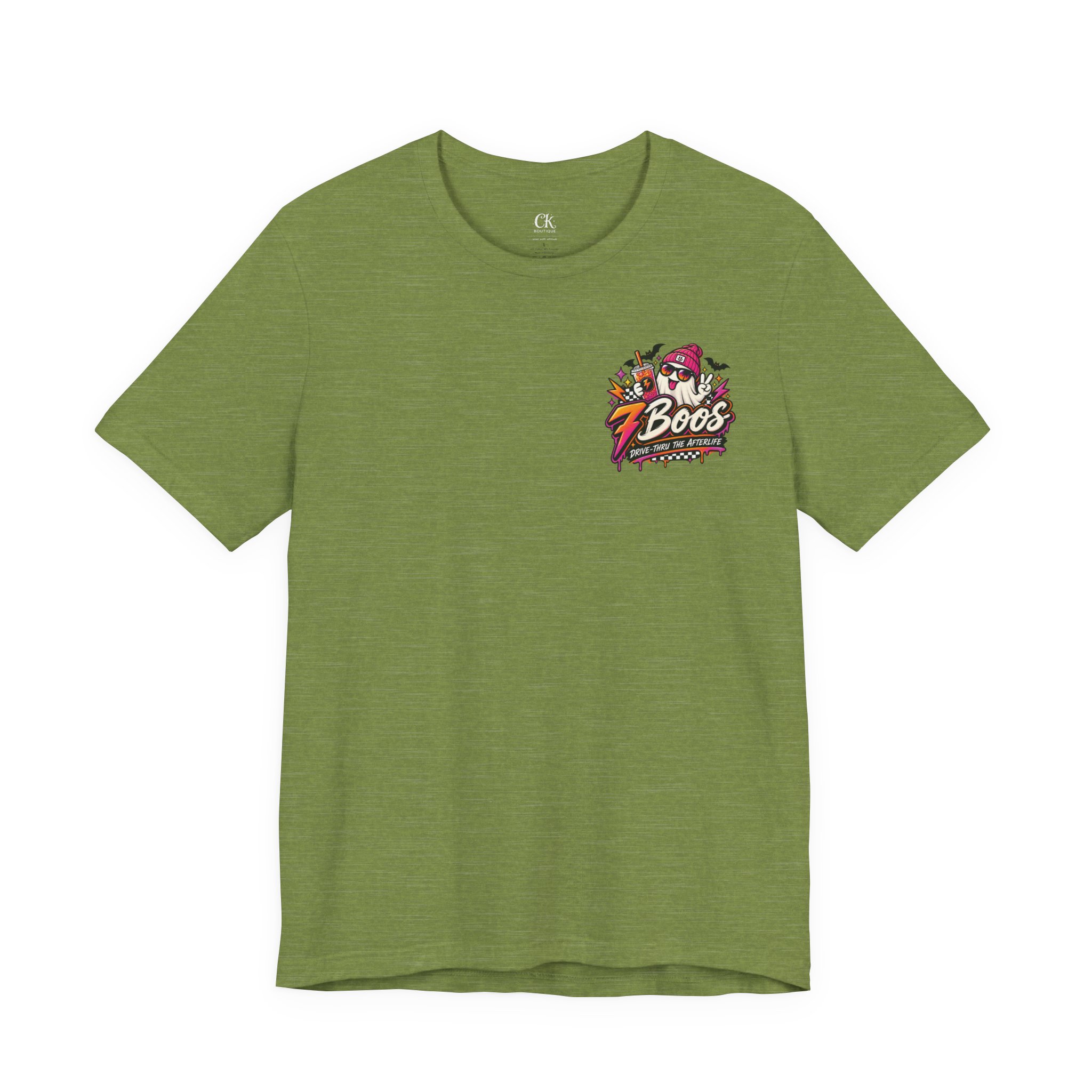 7 Boos Halloween Ghost Drink Tee — Spooky Pumpkin Spice Beverage T-Shirt in Heather Green