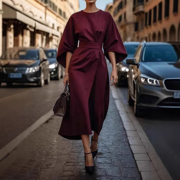 Afterlight Belted Batwing Midi Dress in Wine Red