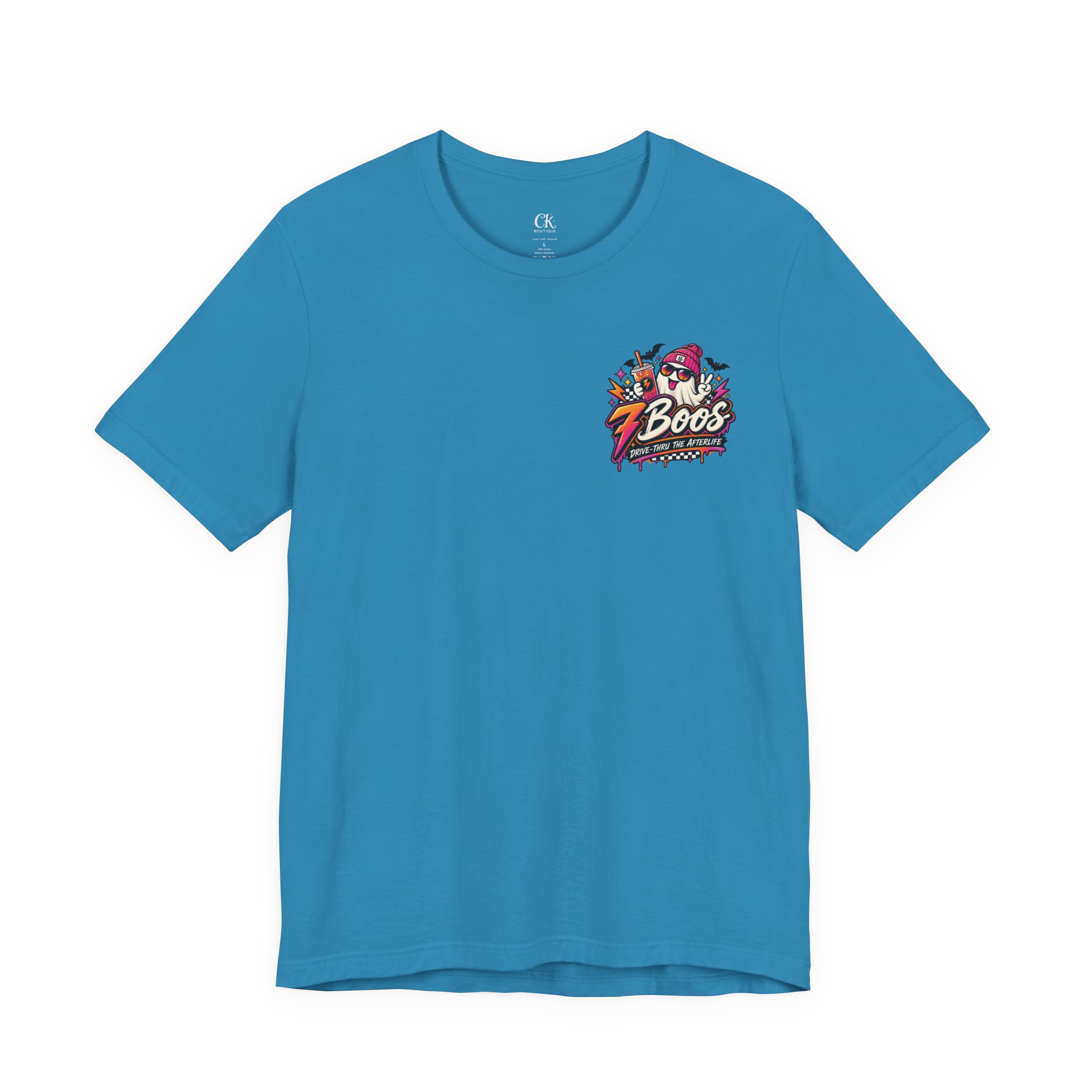 7 Boos Halloween Ghost Drink Tee — Spooky Pumpkin Spice Beverage T-Shirt in Aqua