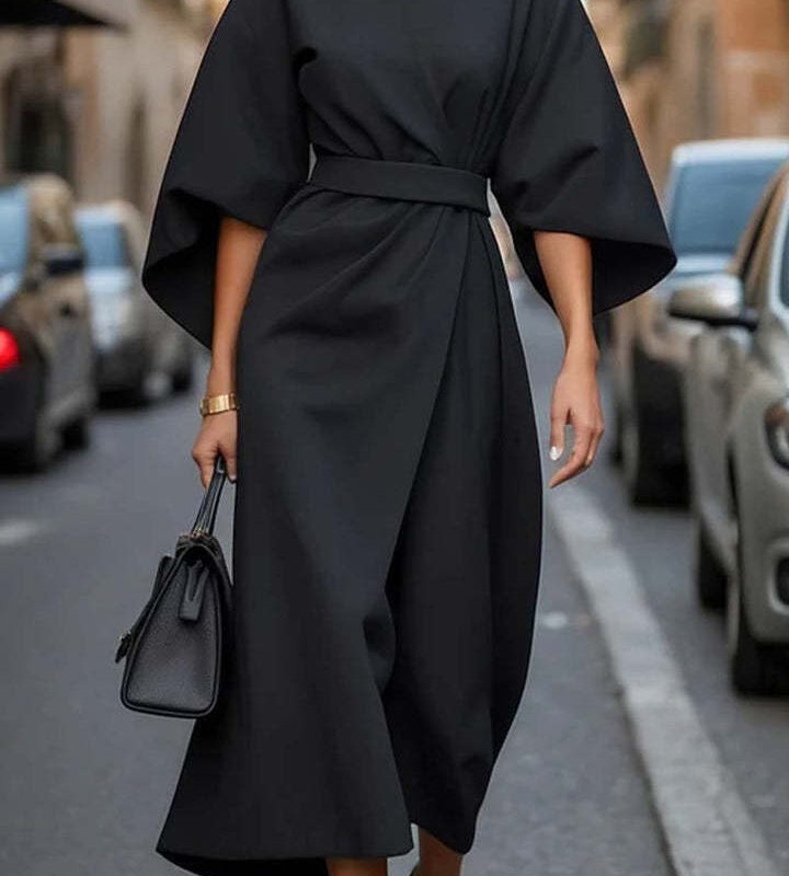 Afterlight Belted Batwing Midi Dress in Black