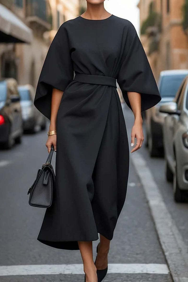 Afterlight Belted Batwing Midi Dress in Black