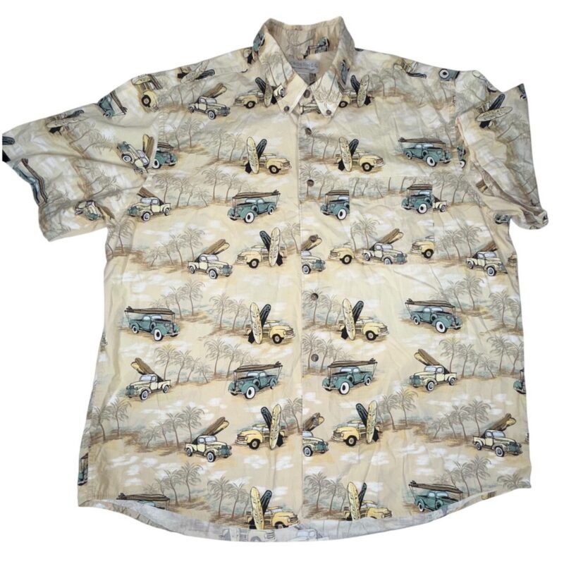 Crossings Truck Surfboard Print Button Down Shirt Mens XL Tan Cotton Tropical