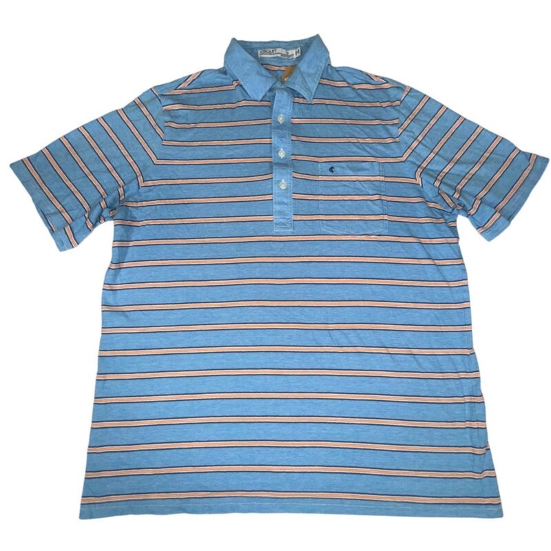 Criquet Striped Polo Shirt Mens Medium Blue Orange 100% Organic Cotton Pocket