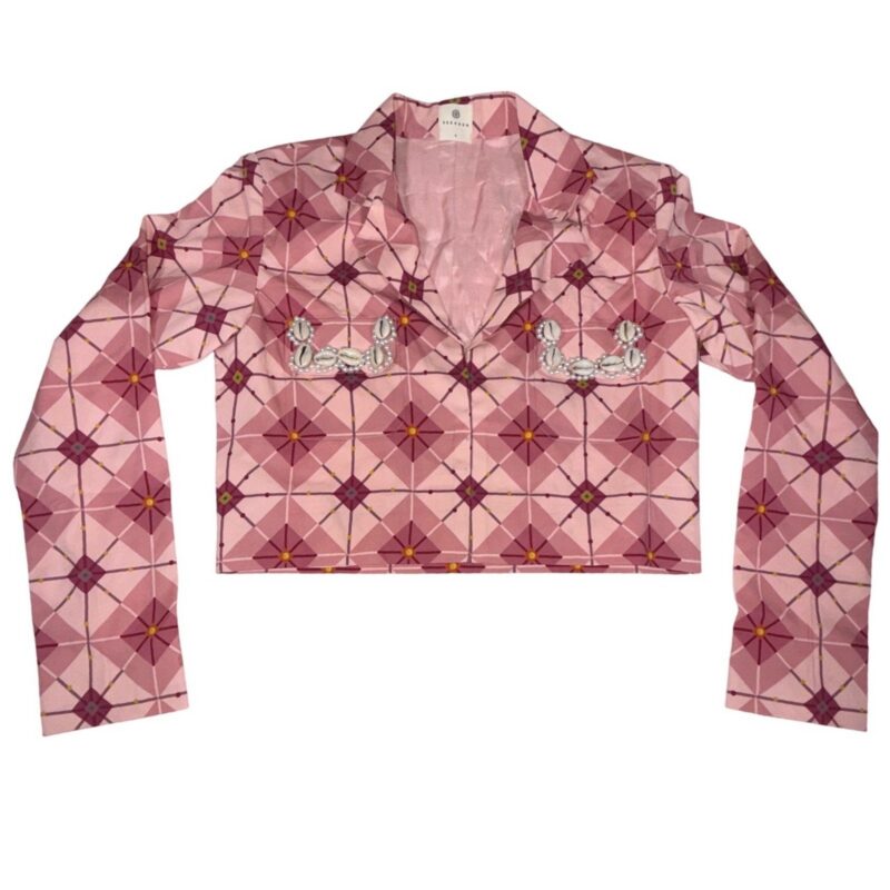 SEEAASH Geometric Print Cropped Blazer Women Size S Pink Cowrie Shell Detail