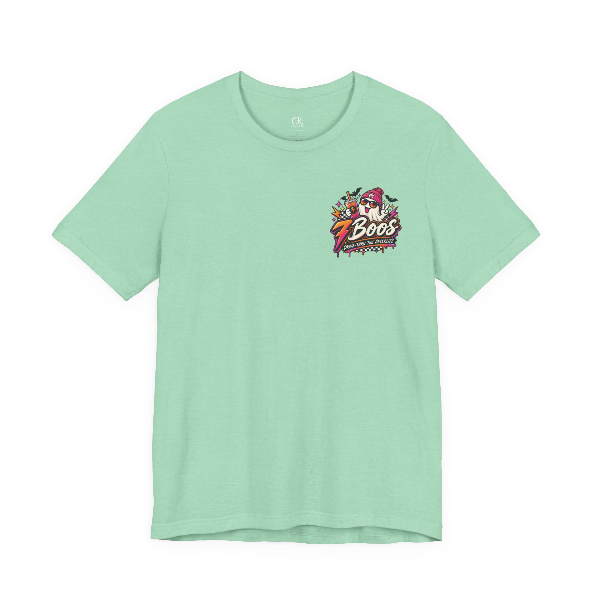7 Boos Halloween Ghost Drink Tee — Spooky Pumpkin Spice Beverage T-Shirt in Heather Mint