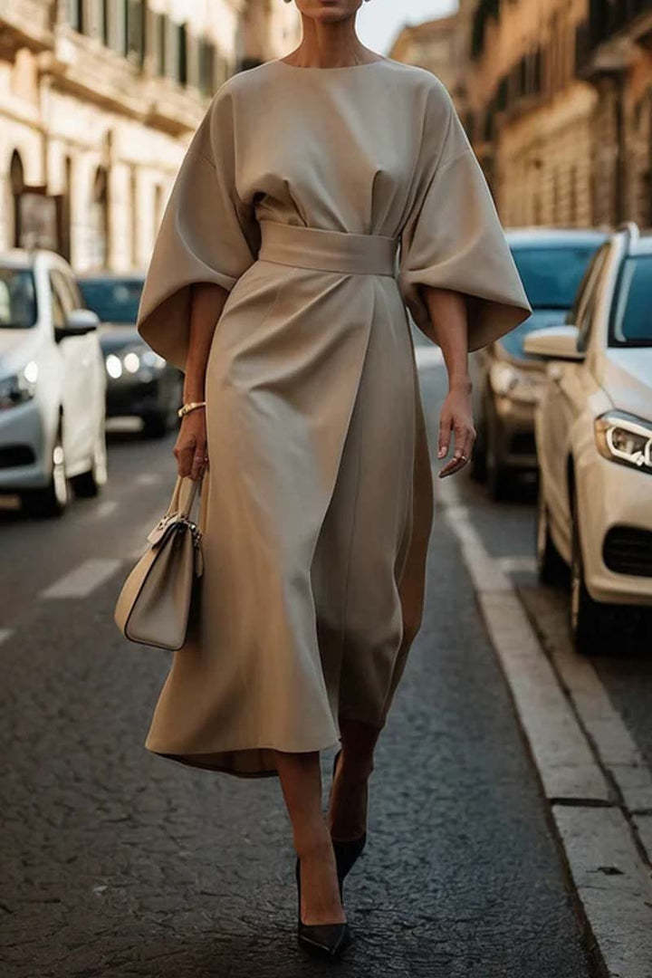 Afterlight Belted Batwing Midi Dress in Apricot