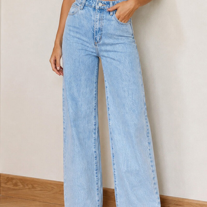 New Women's Mid-Rise Washed Blue Classic Straight-Leg Jeans, Slim Fit, Casual And Versatile, Machine Washable, Suitable For All Seasons