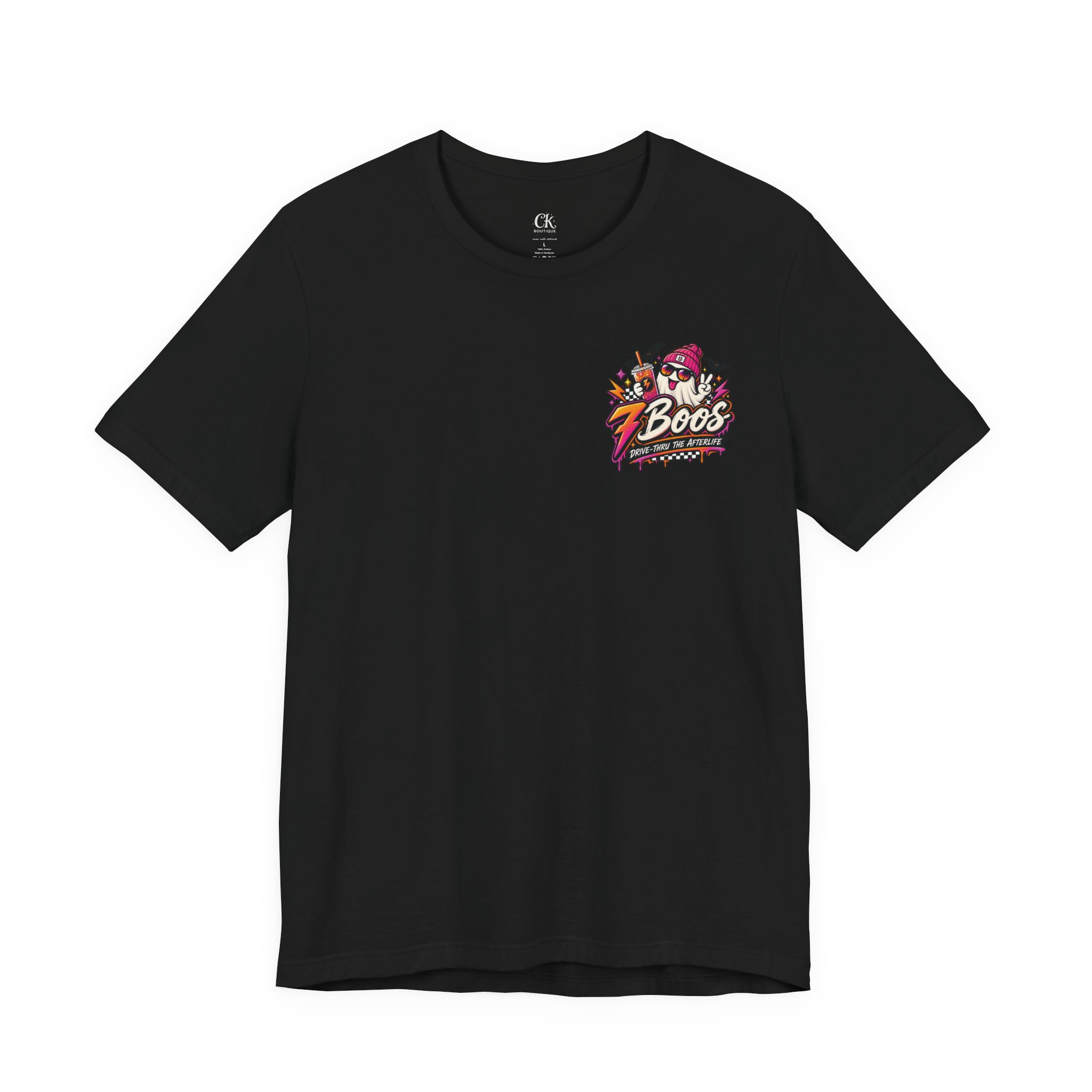 7 Boos Halloween Ghost Drink Tee — Spooky Pumpkin Spice Beverage T-Shirt in Black