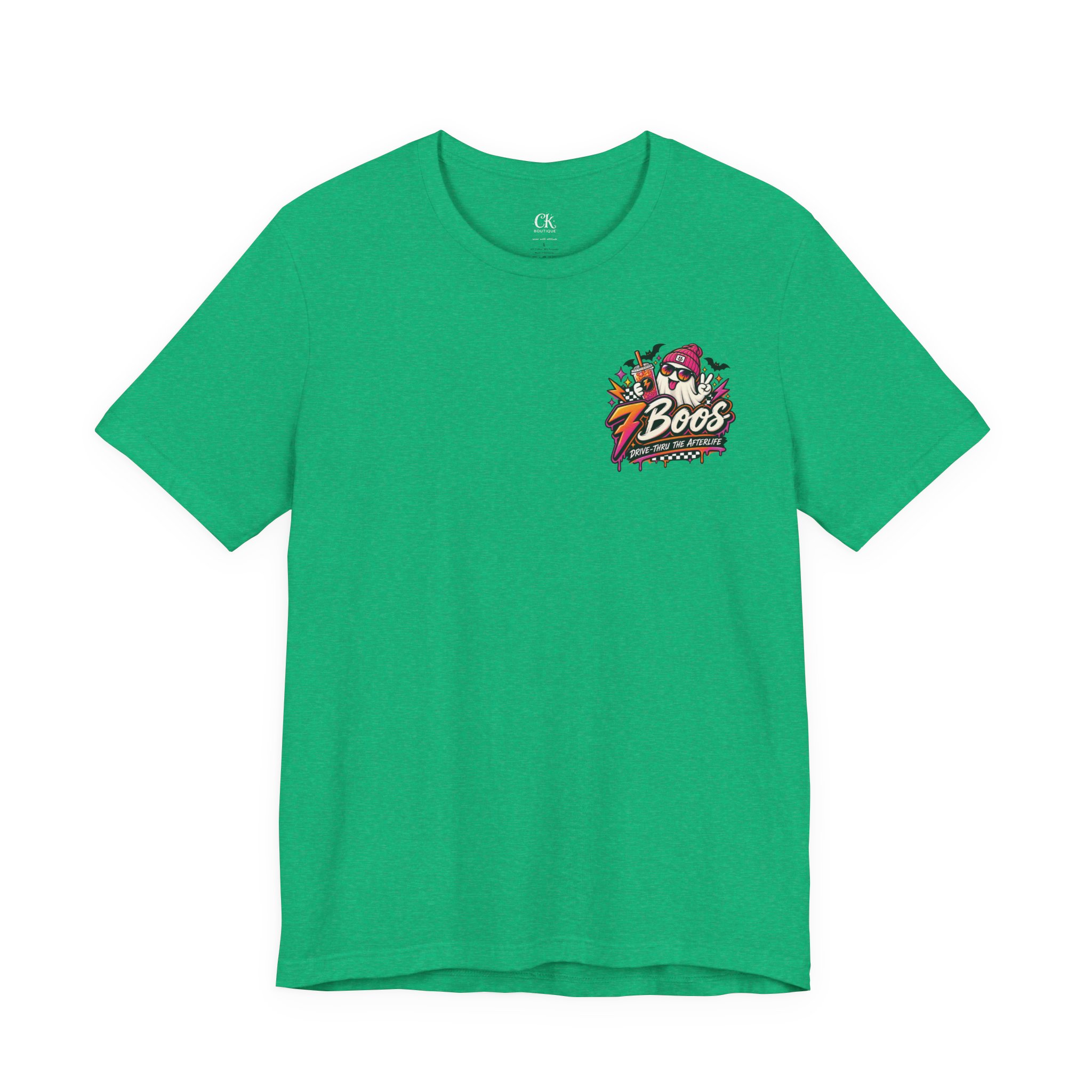 7 Boos Halloween Ghost Drink Tee — Spooky Pumpkin Spice Beverage T-Shirt in Heather Kelly