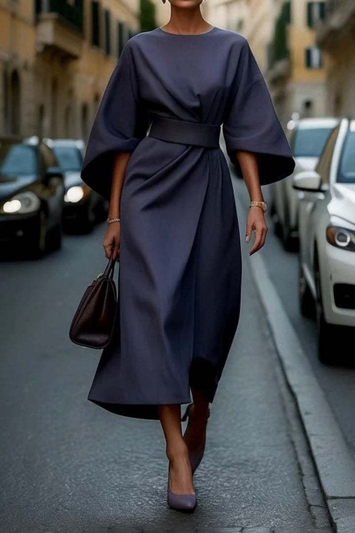 Afterlight Belted Batwing Midi Dress in Navy Blue