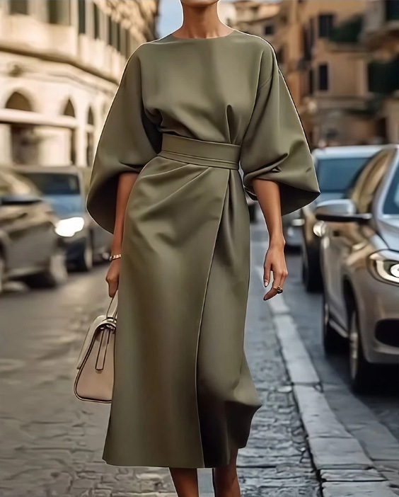 Afterlight Belted Batwing Midi Dress in Army Green
