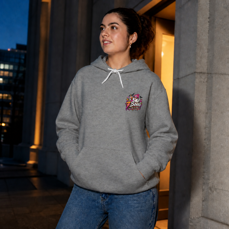 Model wearing the CK Boutique 7 Boos heather gray hoodie