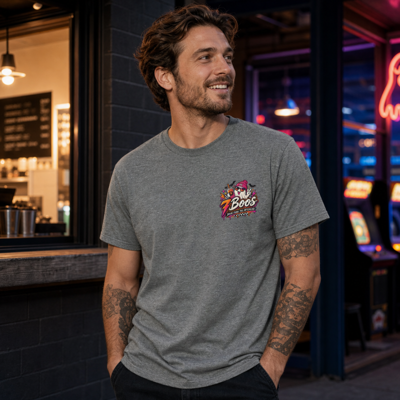 Model wearing the CK Boutique 7 Boos heather gray T-shirt
