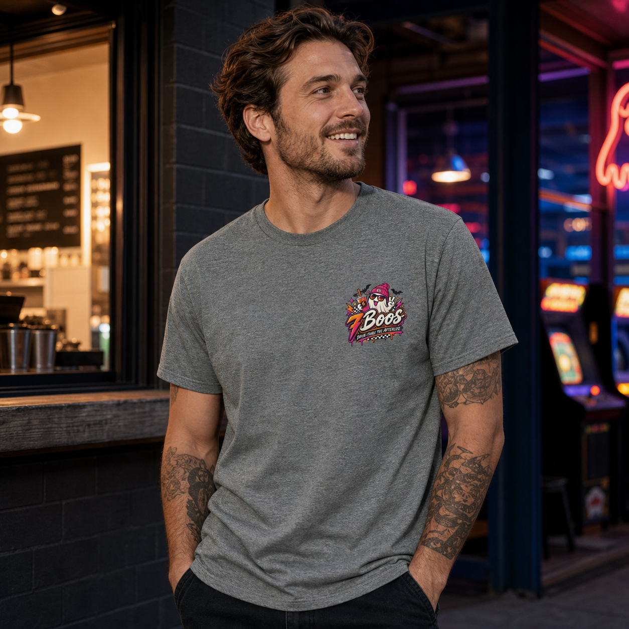 Model wearing the CK Boutique 7 Boos heather gray T-shirt