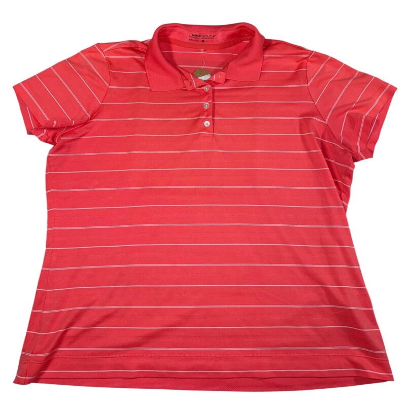 Nike Golf Women's XL Coral Pink White Striped Dri-FIT Polo Short Sleeve